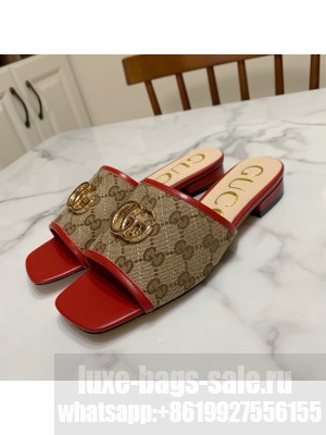 Gucci GG Marmont Canvas‎ Slide Sandals 619893 Beige/Red 2021 Collection