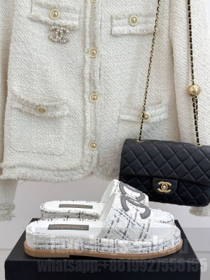 Chanel Tweed CC Logo Slide Mule White 2 2025