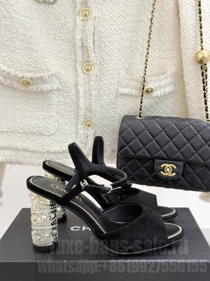 Chanel Sandals Suede Kidskin, Imitation Pearls, Strass & Metal Black G46097 heel 8.5cm 2025