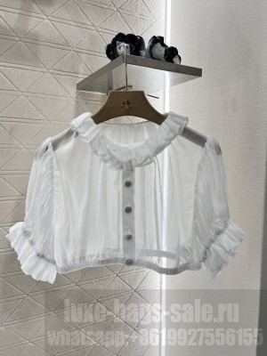 Chanel Short Ruffled Sheer Blouse with Cinched Waist white