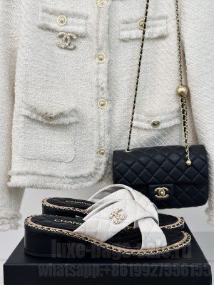 Chanel Quilted Lambskin Chain 2cm/4cm Slide Cross Sandals White