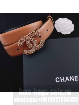 Chanel Smooth Calfskin Belt 3cm with Chain Leather CC Buckle Brown  2021 Collection