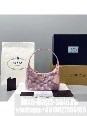 Prada Crystal Hobo Bag 22cm 6641 Nylon Leather Cruise 2021 Collection, Pink