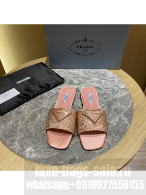 Prada Satin Flat slides sandals With Cryscals 2022 Collection，Pink