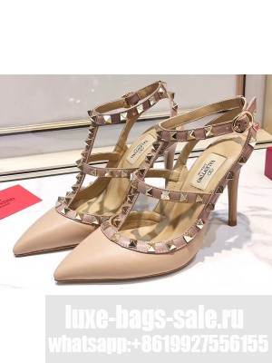 Valentino Heel 9.5cm Rockstud Caged Pumps in Leather Nude