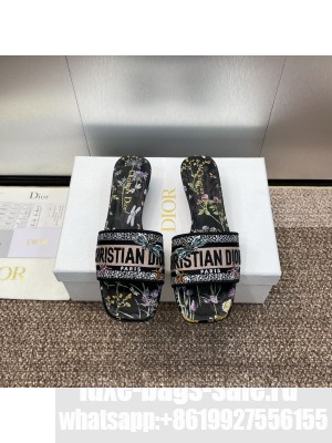 Christian Dior Dway Heeled Slide Black Cotton Embroidered 