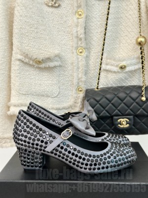 Chanel Satin & Strass Mary Janes 5cm Pumps with Bow Grey 