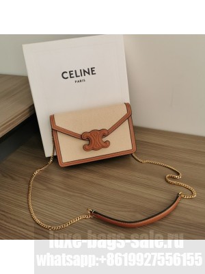 Celine WALLET ON CHAIN MARGO IN TEXTILE AND CALFSKIN 10J733 NATURAL & TAN