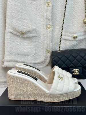 Chanel Quilted Lambskin Wedge Slides Sandal 8cm White 2024 
