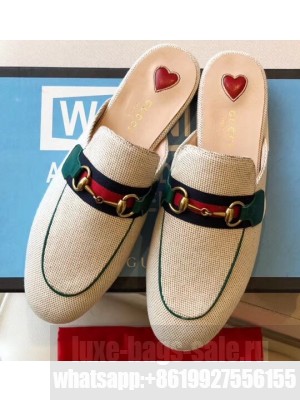 Gucci Women's Princetown Horsebit Slipper Web Canvas Beige/Green