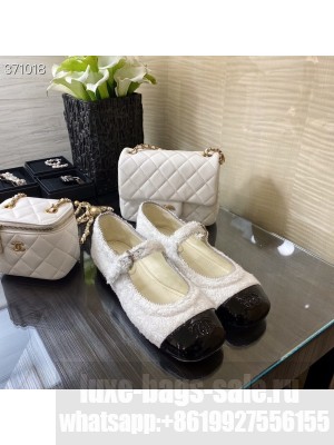Chanel Mary Jane Flats Terry/Calfskin Leather Spring/Summer 2021 Collection, White/Black