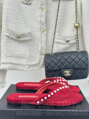 Chanel Thongs Velet & Imitation Pearls Red 2025