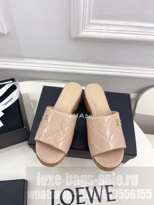 Chanel Platfrom Quilted Patent Leather 7cm Wedge Slide Mules Nude 2025