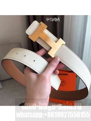 Hermes Constance Reversible Leather Buckle Belt 42mm Khaki/White/Gold 2019 Collection