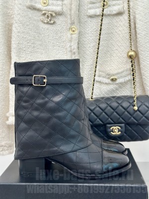 Chanel Calfskin 6.5cm Heel with Foldover and Buckle Strap Black Ankle Boots 2024