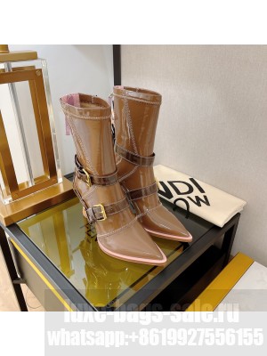 Fendi Women Brown Neoprene Ankle Boots FFrame Pointed-Toe