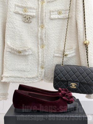 Chanel Velvet Ballet Flats with Camellia Bloom Charm Burgundy 2025
