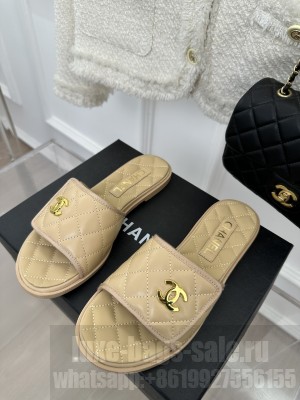 Chanel Lambskin Flat Slide Sandals with Velcro Band Beige 2023 