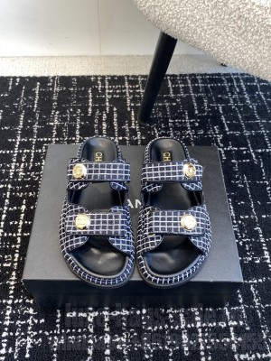 Chanel Houndstooth Velcro Dad Slide Sandals Denim Black 2025