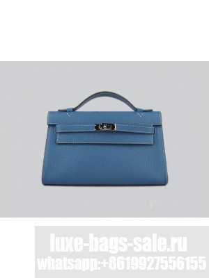 HERMES KELLY 22 CALFSKIN LEATHER CLUTCH BAG IN MEDIUM BLUE 