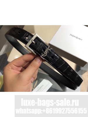 Saint Laurent Width 3cm Monogramme Belt With Square Buckle In Crocodile Embossed Leather Glossy Black/Silver