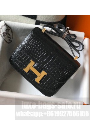 Hermes Constance 18/23cm in Crocodile Embossed Calf Leather Black/Gold 2019 (Half Handmade) Collection
