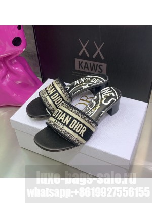 DIOR DWAY HEELED SLIDE Black Jute Canvas Embroidered with Dior Union Motif 2022 Collection
