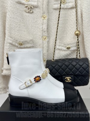 Chanel Lambskin, Grosgrain Ankle Boots with Charm Strap White 2024 