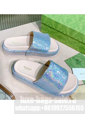 Gucci Sequins Platform Slide Sandal 573018 Light Blue 2021 Collection