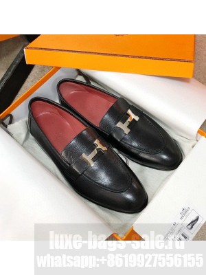 Hermes Paris Lambskin Flat Loafers Black/Red 2020 Collection