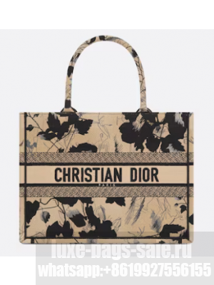 Medium Dior Book Tote Beige and Black Fleurs Mystiques Embroidery M1296ZE