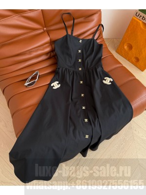 Chanel Women's Gold Buttoned Suspender Dress Black