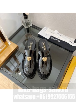Chanel Patent Leather and CC Suede Mules with Love Charm Black