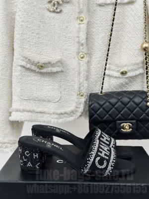 Chanel Crystals 6cm Mule Slide Sandals with Logo Band Black 2024
