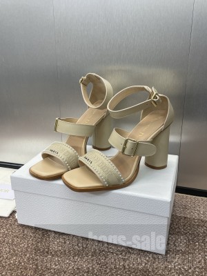 Dior Dway Heeled Sandals 9.5cm in Beige Calfskin and Embroidered Cotton 2025
