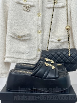 Chanel Gold CC 7CM Platform Mules Leather Silver 2024 Black