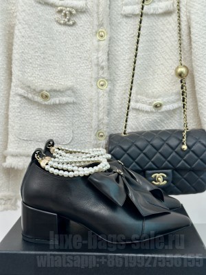 Chanel Black Calfskin 5.5cm with Maxi Bow and Pearls Ankle Boots