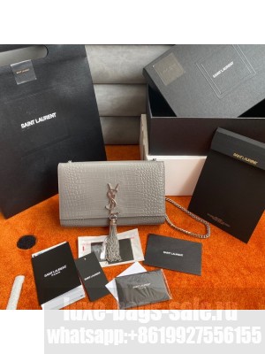 Yves Saint Laurent KATE CHAIN WALLET WITH TASSEL IN CROCODILE-EMBOSSED SHINY LEATHER 452159B GRAY