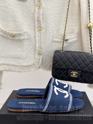Chanel CC Logo slippers flat denim blue 2025
