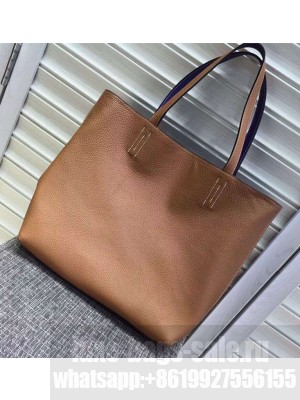 Hermes Double Sens Shopping Tote Bag In Original Togo Leather Brown/Blue