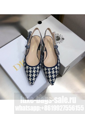 Dior J'Adior Slingback Flat in Cotton Embroidery with Micro Houndstooth Deep Blue/White 2022 Collection