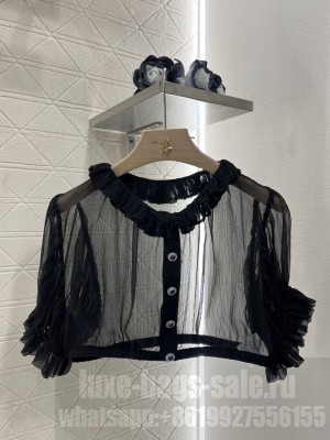 Chanel Short Ruffled Sheer Blouse with Cinched Waist Black