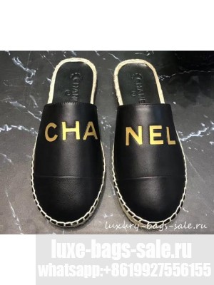 Chanel Gold Logo Espadrilles Mules Black 2019