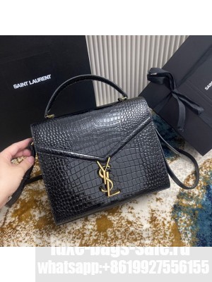 SAINT LAURENT CASSANDRA MEDIUM TOP HANDLE BAG IN CROCODILE-EMBOSSED SHINY LEATHER B623931 BLACK