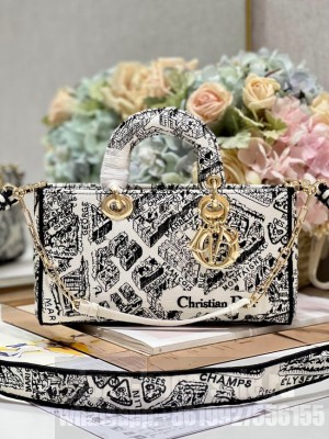 MEDIUM DIOR LADY D-JOY BAG White and Black Plan de Paris Embroidery M0540O