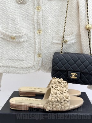 Chanel Lambskin Flat Slides Sandal with Camellia Bloom Beige 2025