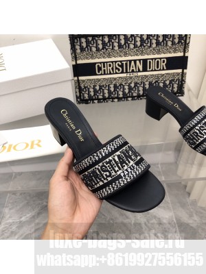 DIOR DWAY HEELED SLIDE With Blue Crystal Embroidered Cotton 2022 Collection ,Black