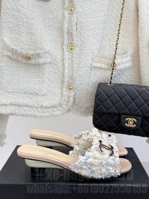 Chanel Tweed & Pearls Heel Slides Mule Beige 2025 