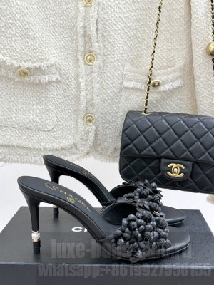 Chanel Lambskin Heel Slides Sandal 8cm with Camellia Bloom black 2025
