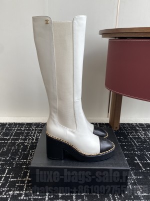 Chanel Calfskin Heel Platform with Chain White High Boots